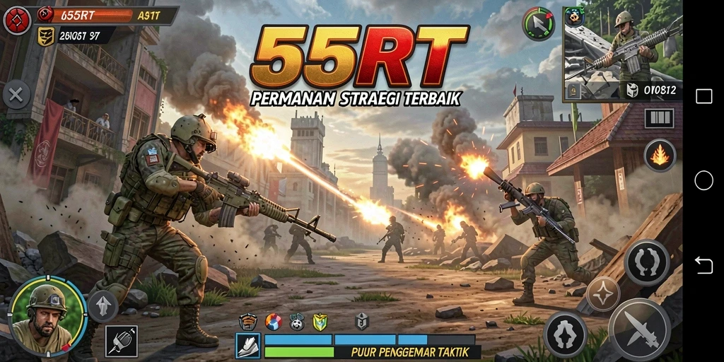 Tangkapan layar gameplay 55RT menunjukkan pertempuran strategis yang mendebarkan.