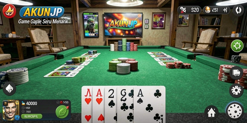 Tangkapan layar gameplay AKUNJP menampilkan suasana seru bermain gaple.