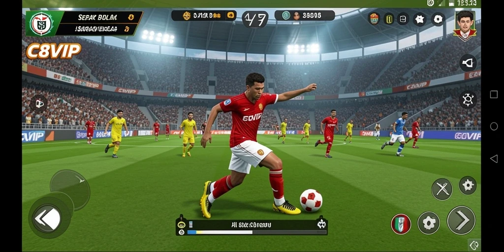 Tampilan gameplay C8VIP yang menampilkan aksi sepak bola mendebarkan.