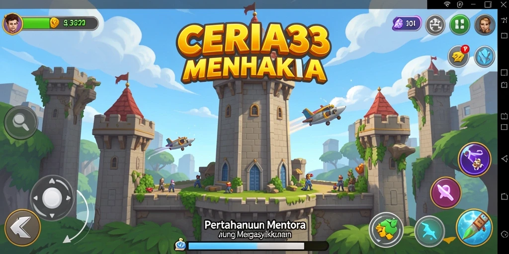 Tampilan gameplay CERIA33 menampilkan menara pertahanan dan musuh yang mendebarkan.