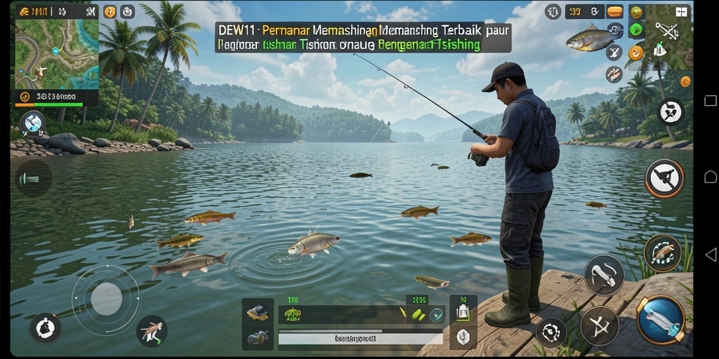 Screenshot DEWI11 menunjukkan aksi memancing yang mendebarkan di pantai.
