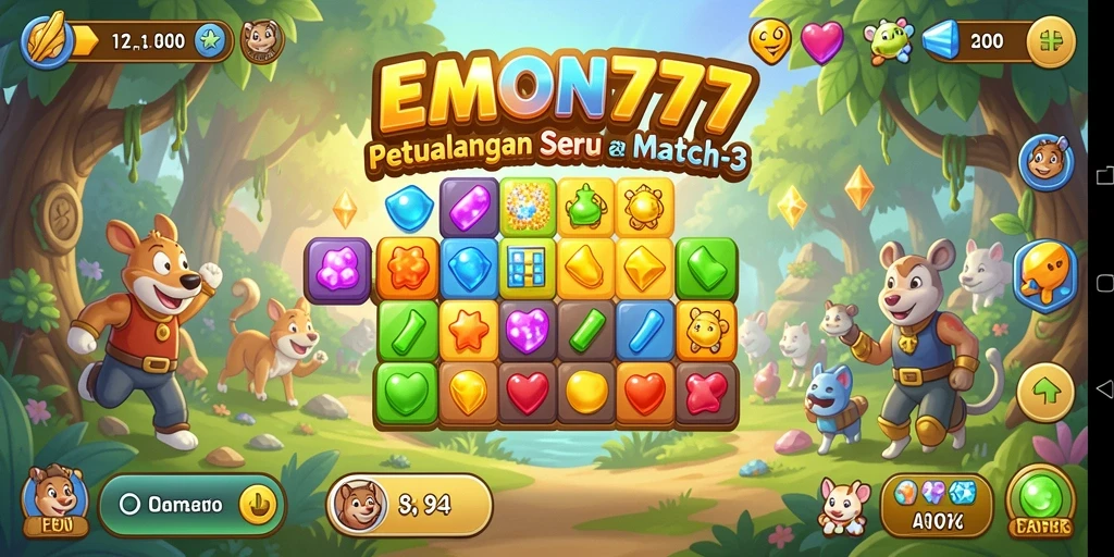 Screenshot EMON777 menunjukkan gameplay Match-3 yang menantang dan penuh warna.