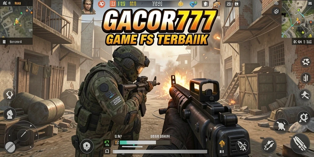 Menampilkan aksi pertempuran seru dalam game FPS GACOR777.