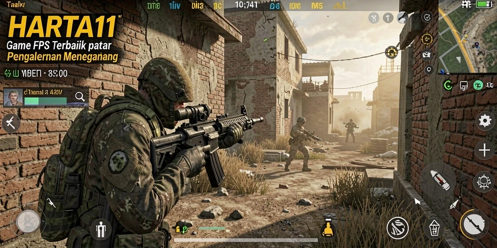 Tampilan gameplay HARTA11 yang intens dan menegangkan dalam pertempuran FPS.