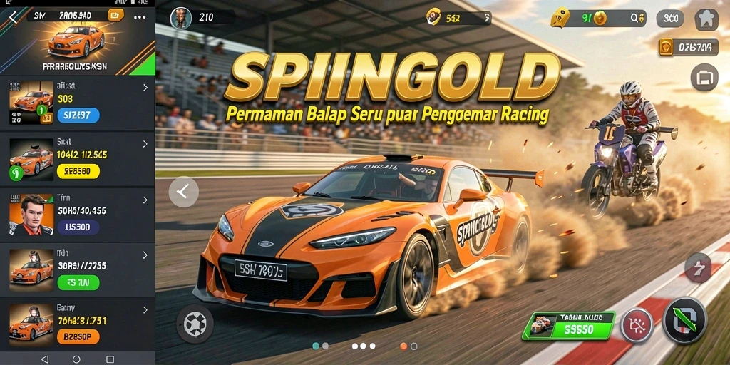 Gameplay SPINGOLD menampilkan balapan mendebarkan dengan mobil cepat.