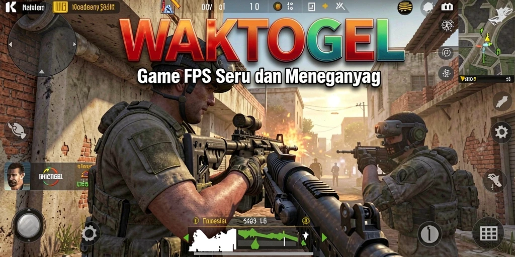 Screenshot utama WAKTOGEL menampilkan aksi tembak-menembak yang seru.